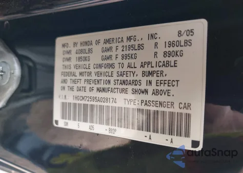 2005 Honda Accord 2.4 Lx Special Edition из США, поврежденный, VIN 1HGCM72595A028174